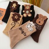 玲珑阁袜子女秋冬新款 立体羽毛纱小熊花朵袜子女中筒咖色外穿网红