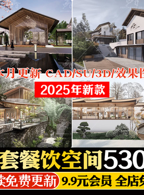 新中式原木风侘寂风茶文化茶馆茶楼茶室茶舍建筑室内民宿SU模型库