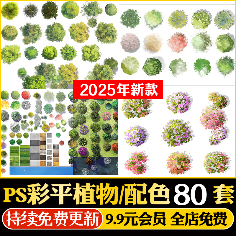 PS园林景观彩色平面图植物树分层草皮花卉纹理配色PSD彩平图素材