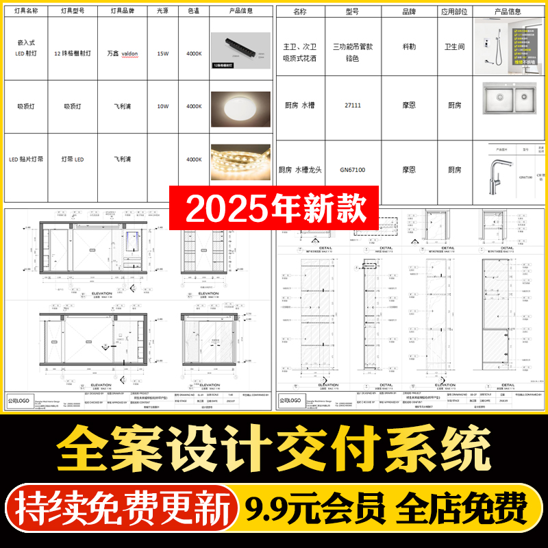 家装全案设计方案施工交付系统模板可编辑物料表CAD施工图方案册