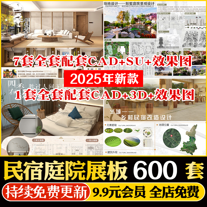 乡村民宿设计建筑室内别墅庭院改造分析图PS排版PSD展板SU模型CAD