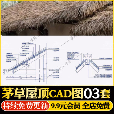 美丽乡村新农村民宿茅草屋廊架屋顶做法大样CAD施工图剖面断面图