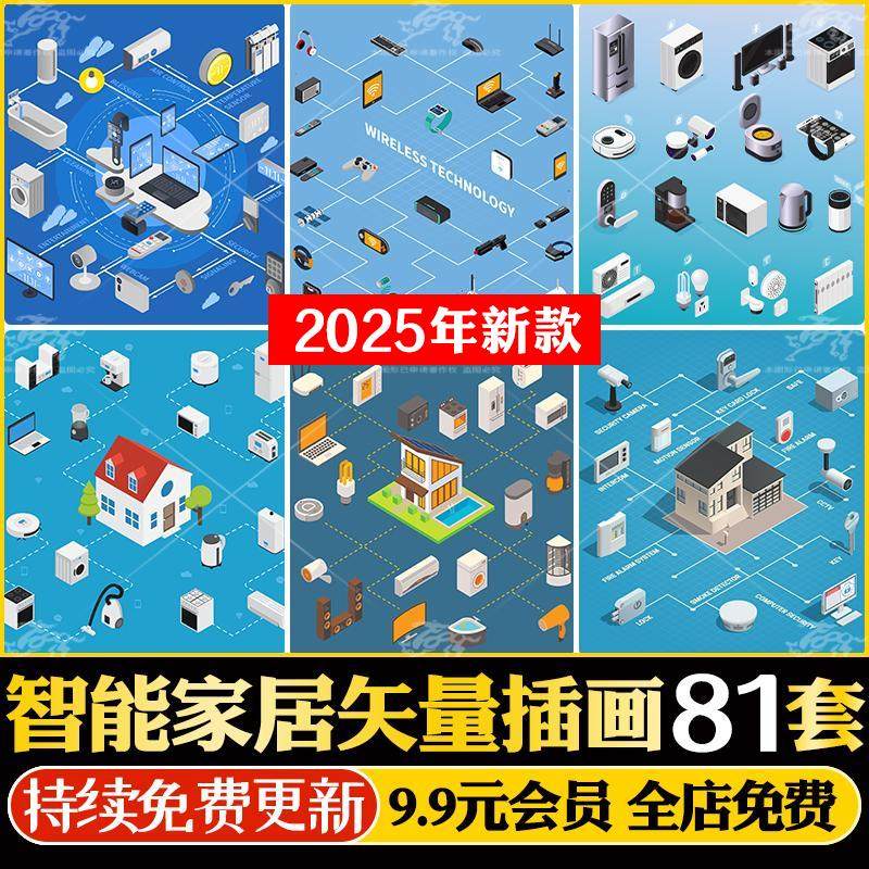 2.5D等距5g物联网智能家居家电安防插画场景图片ai矢量设计素材