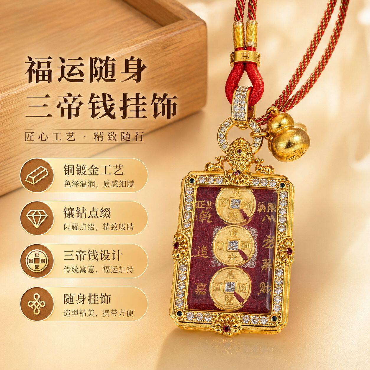三帝钱唐卡手绘吊坠金钱到家葫芦项链八方来财祥云框嘎乌盒挂件