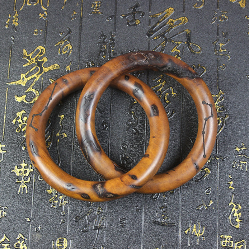 天然雷击枣木雷焦雕刻石墨六七星乾坤圈手镯纯手工雕刻阴阳镯配饰