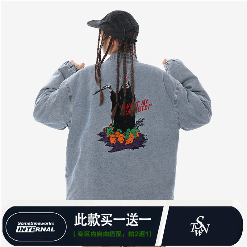STNW潮牌趣味死神兔八哥卡通刺绣牛仔棉服美式嘻哈风加棉情侣外套