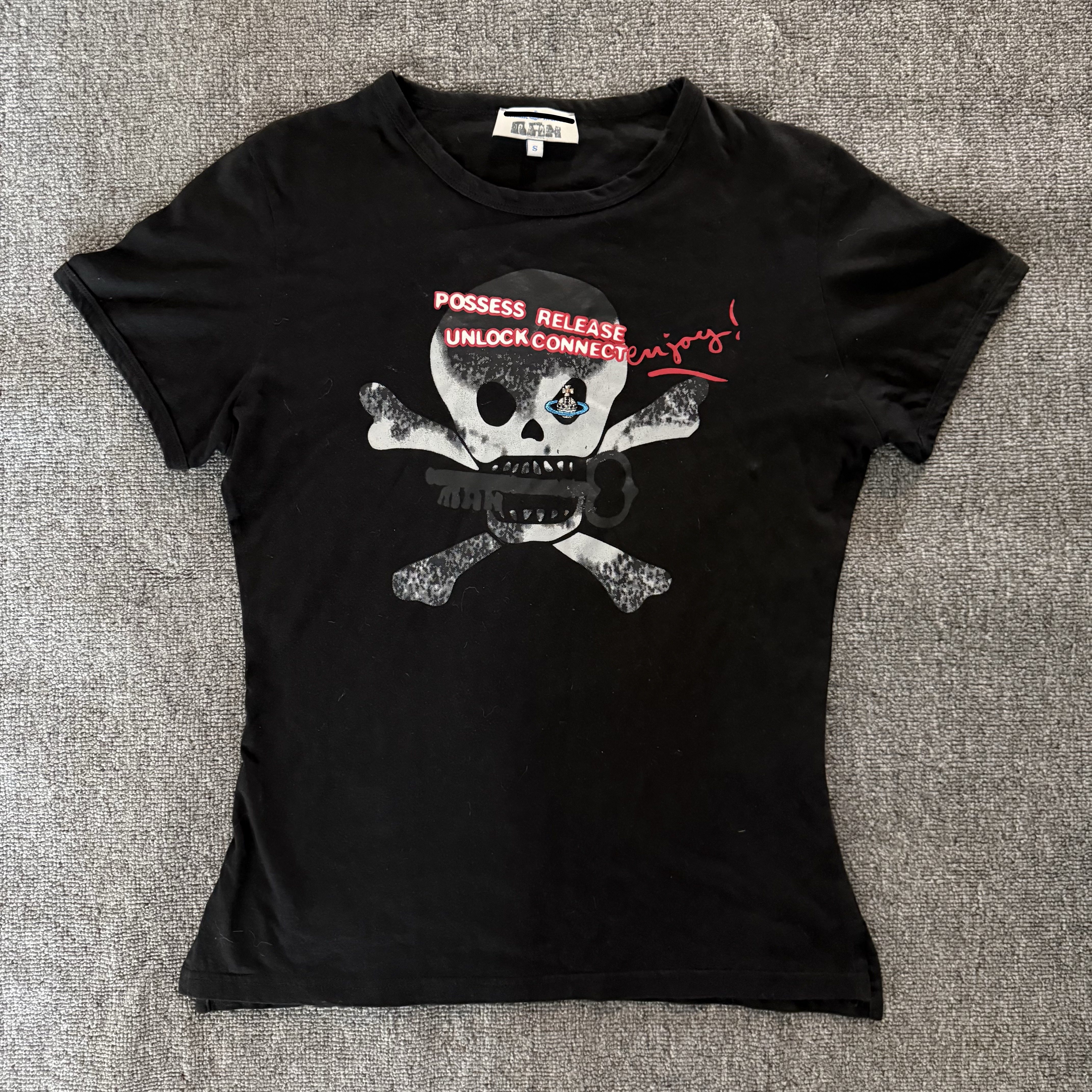 thumbnail for Melancholy shiitake mushroom independent vivi style skull print Saturn embroidery skinny black crew neck slim short-sleeve shirt
