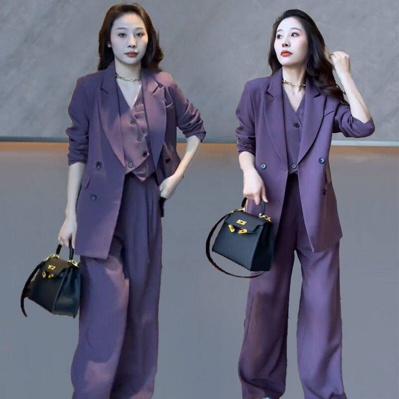 时尚西服套装女春季新款洋气休闲外套韩版职业西装阔腿裤三件套女