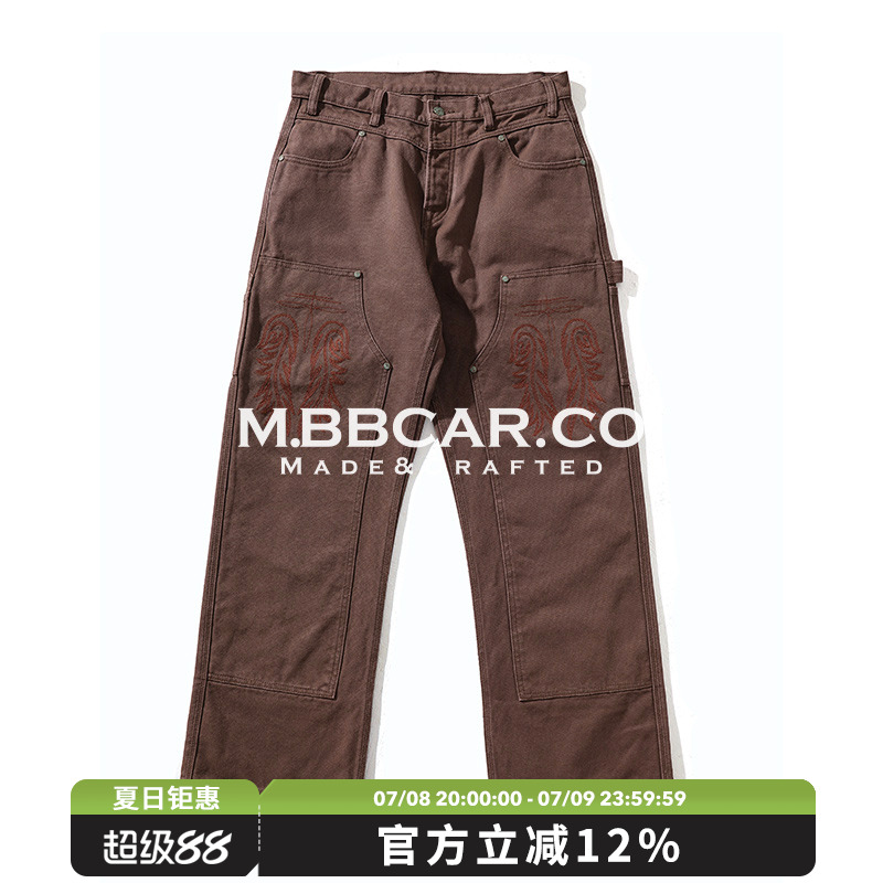 MBBCAR窄幅 西部系列16OZ珠帆双膝伐木工做旧绣花高腰阔腿工装裤
