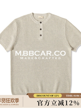 MBBCAR窄幅310G花卉镂空LP感美式复古老钱Rugged亨利领短袖针织衫