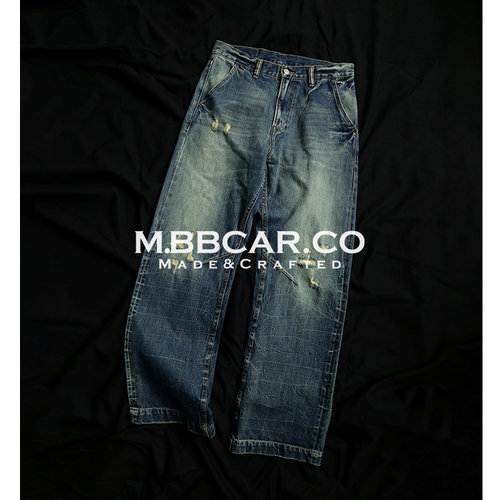 MBBCAR窄幅复古扎染做旧破洞水洗705高腰宽松阔腿赤耳丹宁牛仔裤