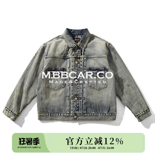 MBCBAR窄幅 旧化系列TYPE2二代重工水洗破坏赤耳丹宁格纹牛仔夹克