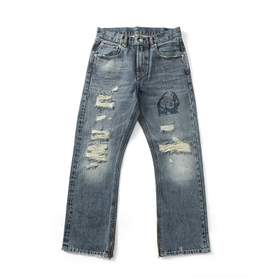 MBBCAR窄幅赤耳水洗破洞微喇叭裤