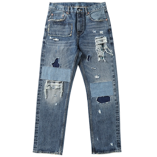 MBBCAR窄幅REMAKE自行创作猫须破洞贴布重工重磅赤耳丹宁牛仔裤