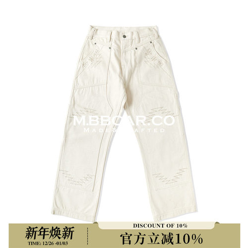 MBBCAR窄幅 14OZ白胚棉印第安阿兹特克图腾705B双膝绣花伐木工裤