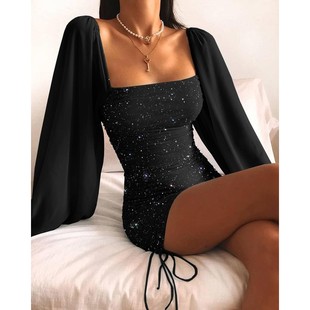 Lantern Glitter Sleeve Ruched Dress 方领长袖 Bodycon 连衣裙