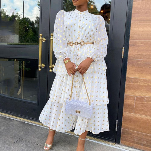 Polka Dot Women Casual Dresses欧美荷叶边波点烫金连衣裙女夏季