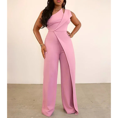 Women One Shoulder Jumpsuit Summer欧美斜肩不规则连体裤夏季