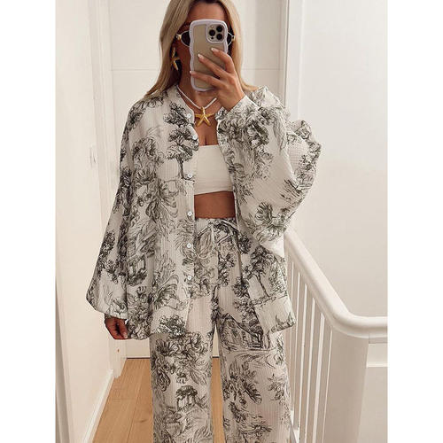 透气长袖长裤纯棉睡衣女款欧美家居服女pajamas set pants print