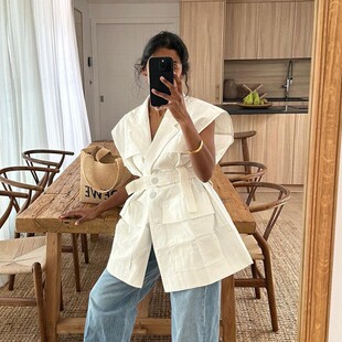 shirt women 欧美无袖 工装 White 多口袋腰带宽松背心衬衫 pocket