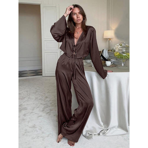 长袖长裤睡衣套装欧美系带开衫家居服女pajamas suit pants suit