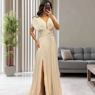 欧美时尚 solid color dress V领纯色宽松系带开叉礼服连衣裙Sexy