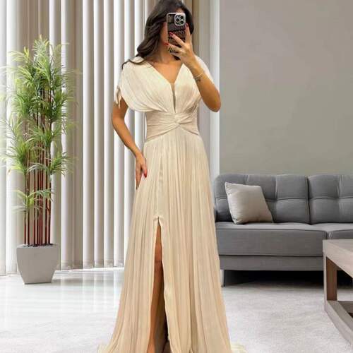 欧美时尚V领纯色宽松系带开叉礼服连衣裙Sexy solid color dress