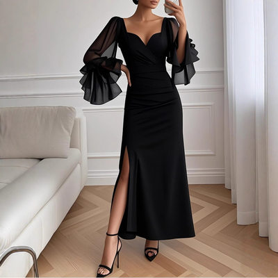 Women Party Evening Dress 秋季欧美新款修身喇叭袖晚礼服长裙
