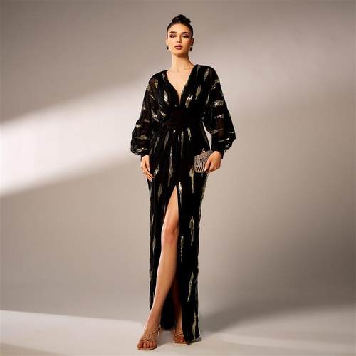 Elegant V-neck Sexy Long Sequin Evening Gown for Women晚礼服