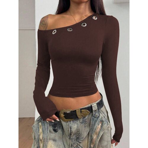 斜领露肩露脐套头上衣长袖T恤Single shoulder T-shirt for women