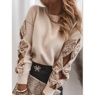 women's casual stitching long sleeve top  休闲拼接长袖上衣女