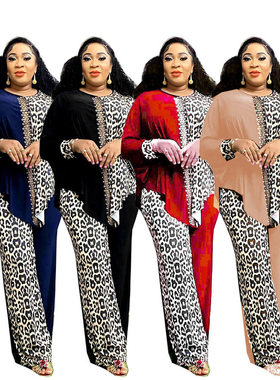 非洲豹纹套装 African women leopard print tops and pants suit