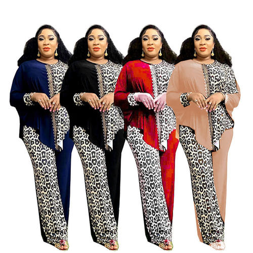 非洲豹纹套装 African women leopard print tops and pants suit