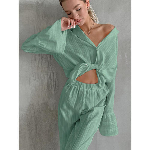 欧美舒适透气纯棉睡衣女款套装提花家居服可外穿pants shirt set