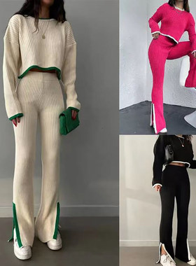 Knitted trousers suit sweater two piece set women 女针织套装