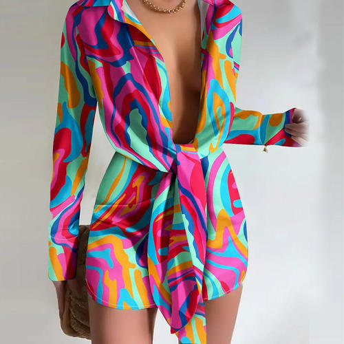 Casual Loose Wrap Dress 女秋季新款气质性感系带印花开叉连衣裙