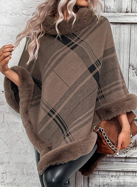 2024 Women Fashion Casual Sweater Plaid Cape Shawl Cardigan