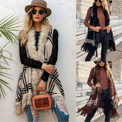 2024 Women INS Fashion Color Block Sweater Lapel Coat Shawl