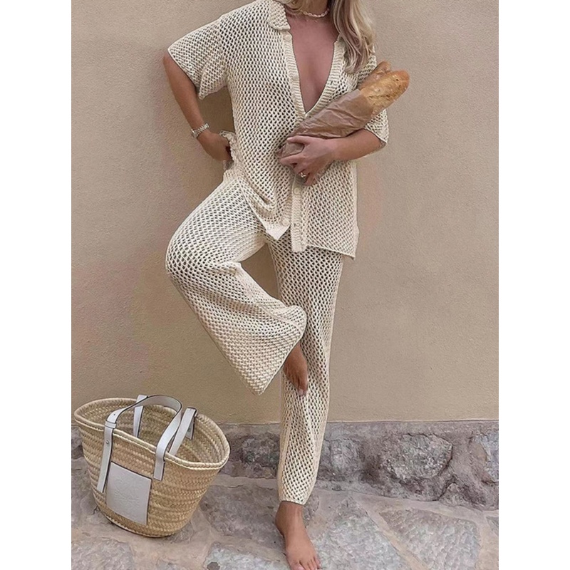 沙滩套装女Beach Knitted Hollow cardigan Top Pants Sets Mesh
