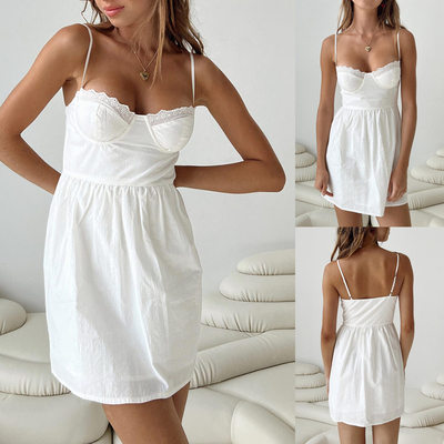 Women's Solid Color Lace Strap Dress Fresh And Sweet Waist