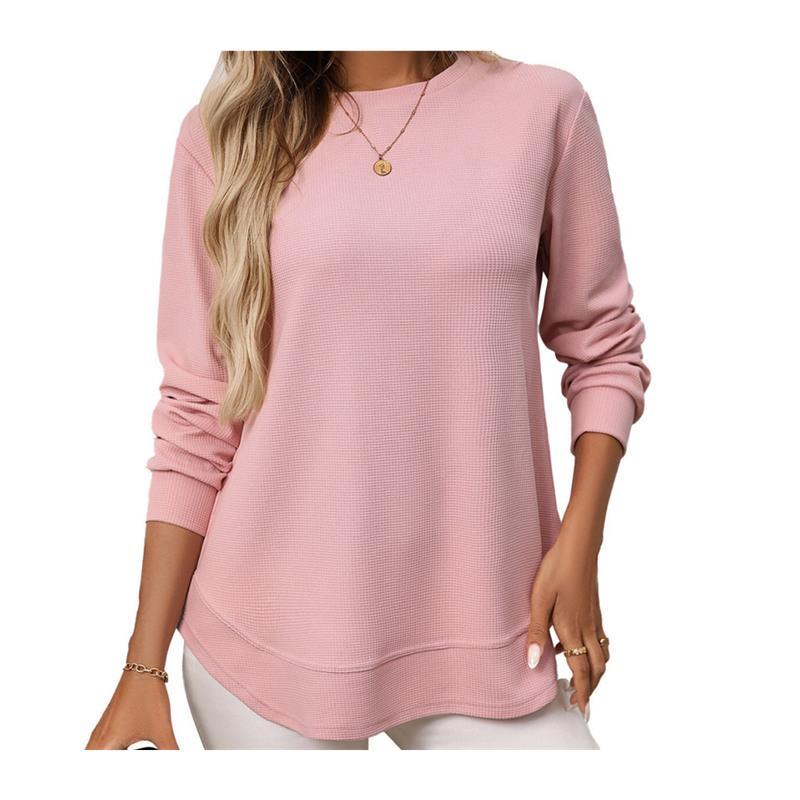 Women's Loose Waffle-Knit Casual Long-Sleeve T-Shirt 上衣女