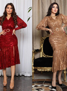 复古御姐风V领连衣裙女红色收腰高级感气质长裙Sexy V-neck dress