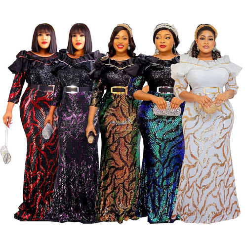 African women Long Sleeve floor length party Dress亮片晚礼服