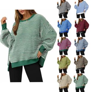 Women's Waffle Knitted Long Sleeve Round Neck Split Pullover