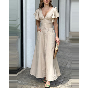 Bell Sleeve Slit Pocket Design Maxi Dress收腰连体喇叭连衣裙