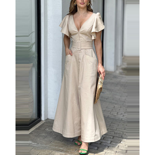 Bell Sleeve Slit Pocket Design Maxi Dress收腰连体喇叭连衣裙