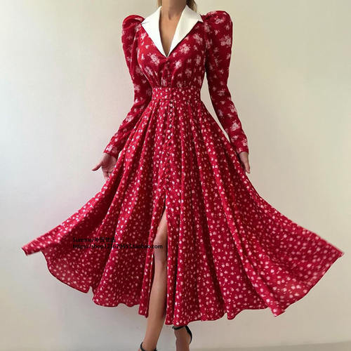 撞色设计感翻领收腰印花大摆连衣裙女 lapel cinched waist dress