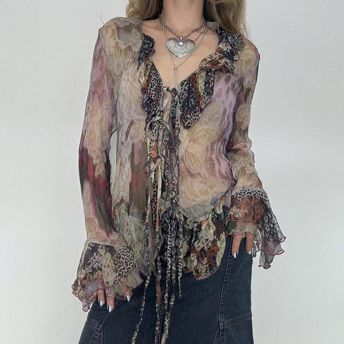 New Women's Fashion Retro Mesh Printed Ruffled Lace-up Shirt