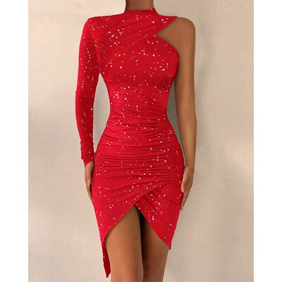 肩部不规则银片闪光修身连衣裙 One Shoulder Asymmetrical Dress