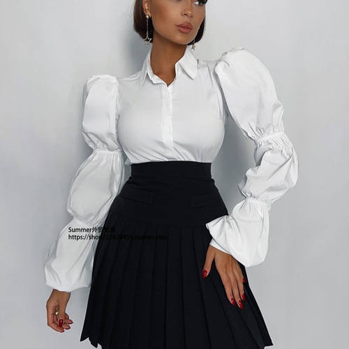棉质设计感泡泡袖衬衫百搭翻领气质开衫上衣 Bubble sleeve shirt